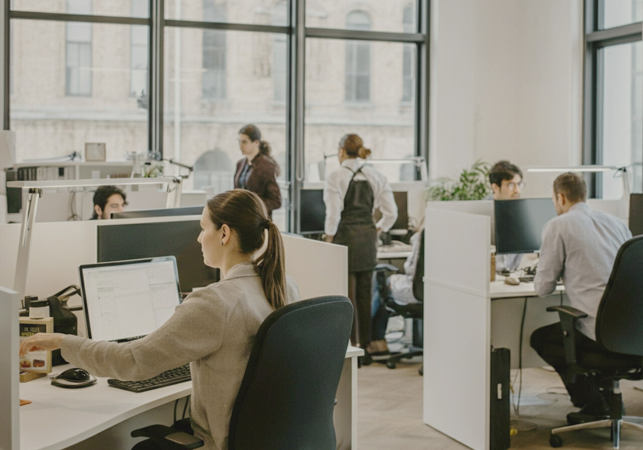 Busy modern office with people working at their desks